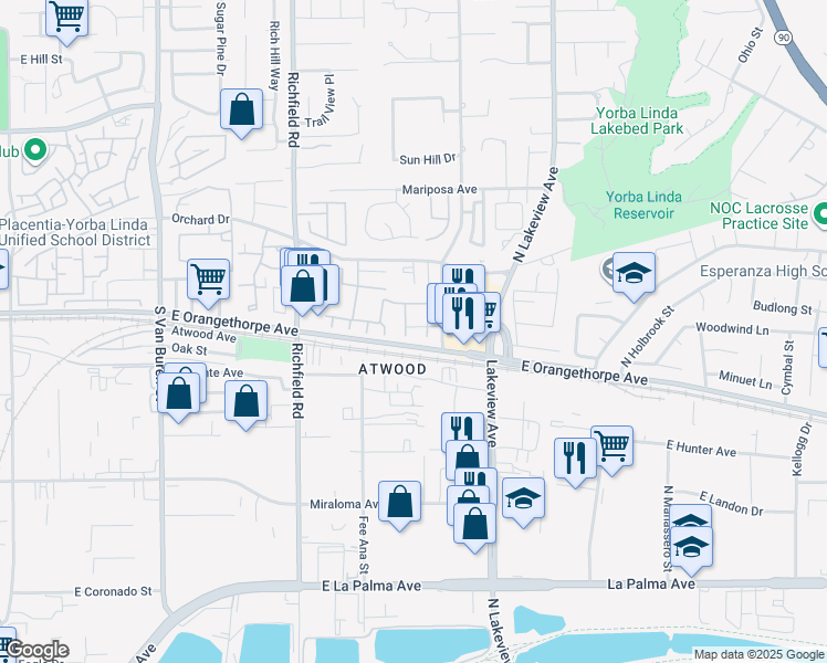 map of restaurants, bars, coffee shops, grocery stores, and more near in Placentia