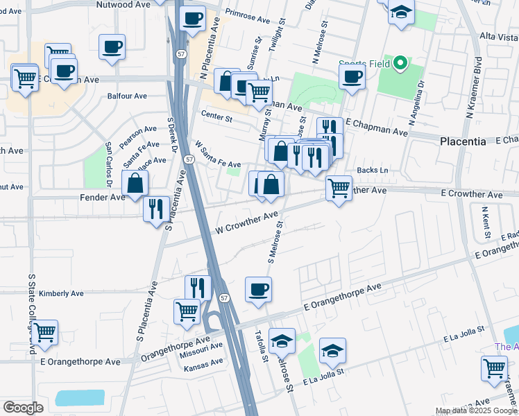 map of restaurants, bars, coffee shops, grocery stores, and more near 413 West Crowther Avenue in Placentia