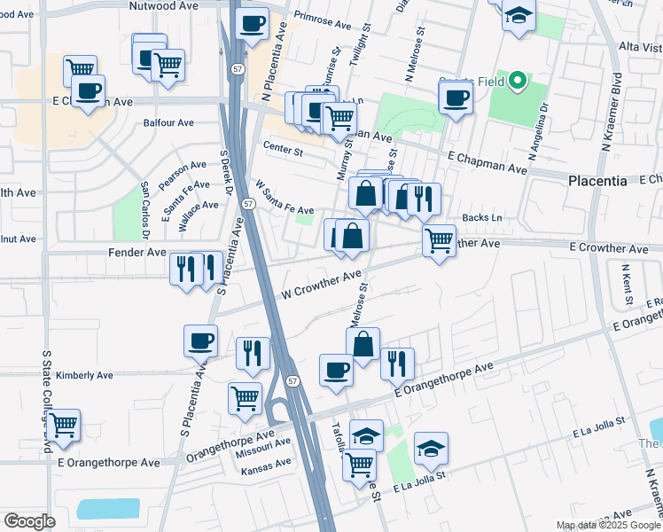 map of restaurants, bars, coffee shops, grocery stores, and more near 413 West Crowther Avenue in Placentia