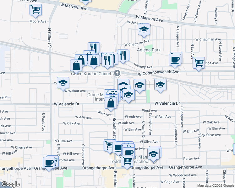 map of restaurants, bars, coffee shops, grocery stores, and more near 1741 West Valencia Drive in Fullerton