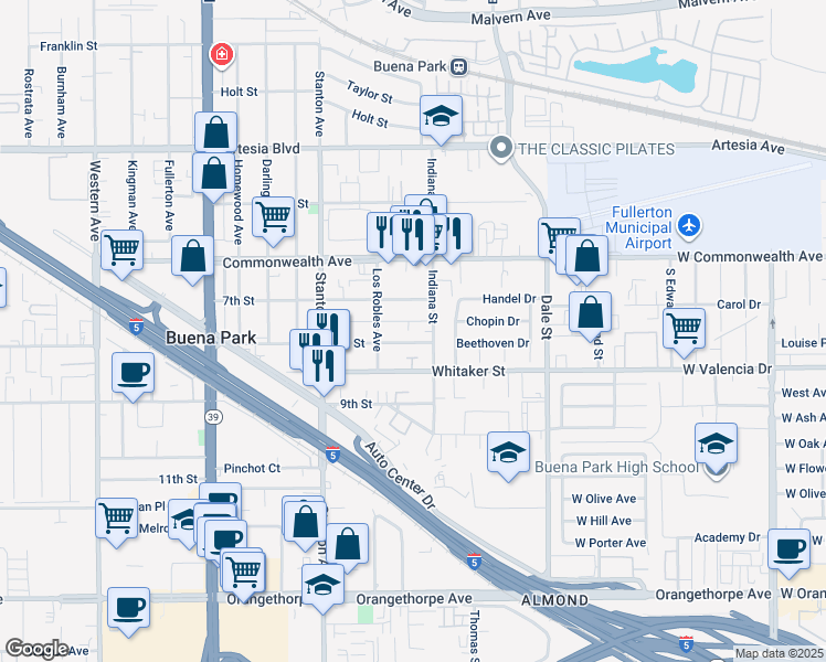 map of restaurants, bars, coffee shops, grocery stores, and more near 8202 8th Street in Buena Park