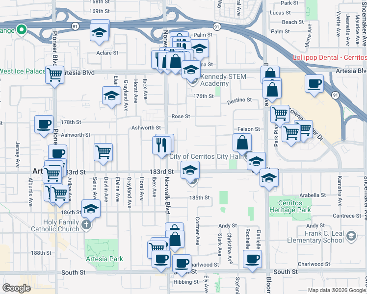 map of restaurants, bars, coffee shops, grocery stores, and more near 18023 Belshire Avenue in Artesia