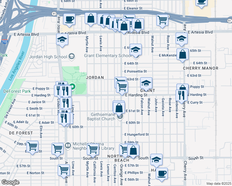 map of restaurants, bars, coffee shops, grocery stores, and more near 6191 Orange Avenue in Long Beach