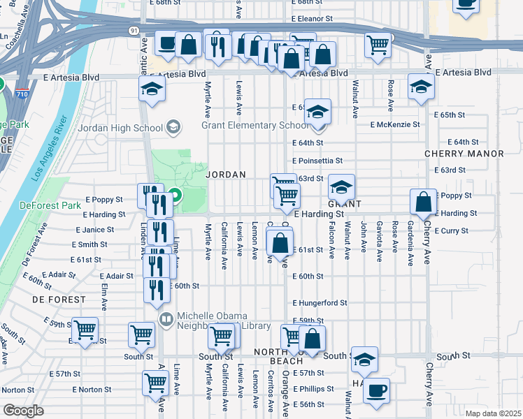 map of restaurants, bars, coffee shops, grocery stores, and more near 6190 Lemon Avenue in Long Beach