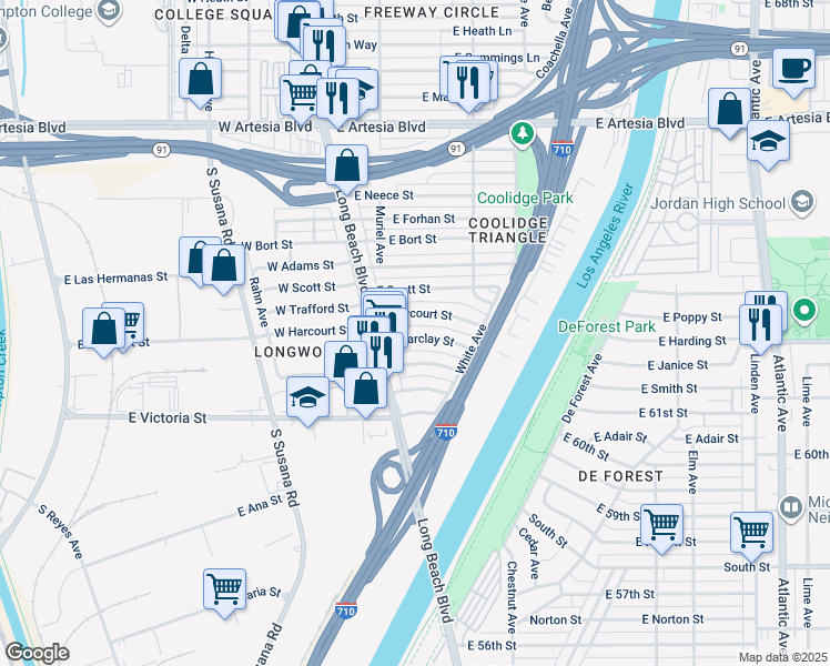 map of restaurants, bars, coffee shops, grocery stores, and more near 205 East Allington Street in Long Beach