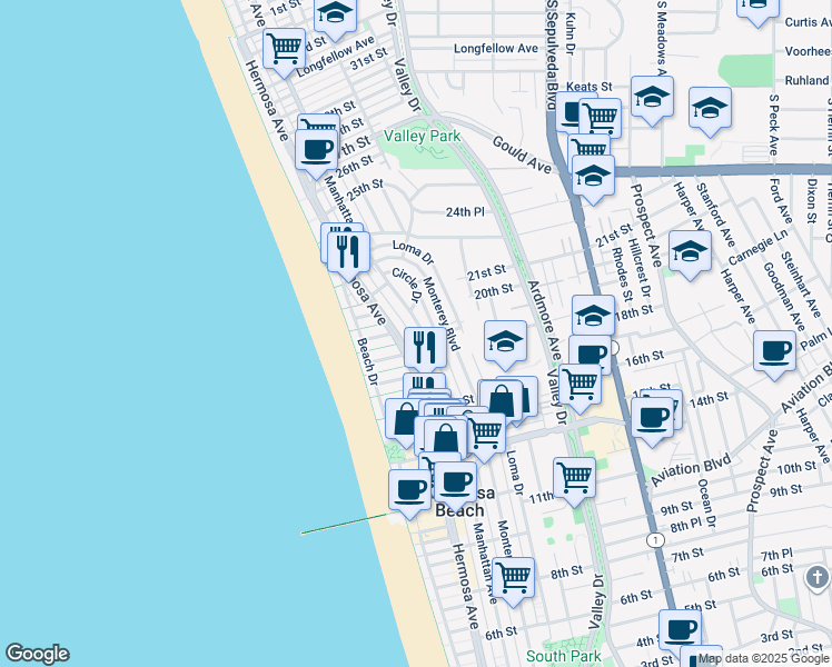 map of restaurants, bars, coffee shops, grocery stores, and more near 1900 Hermosa Avenue in Hermosa Beach