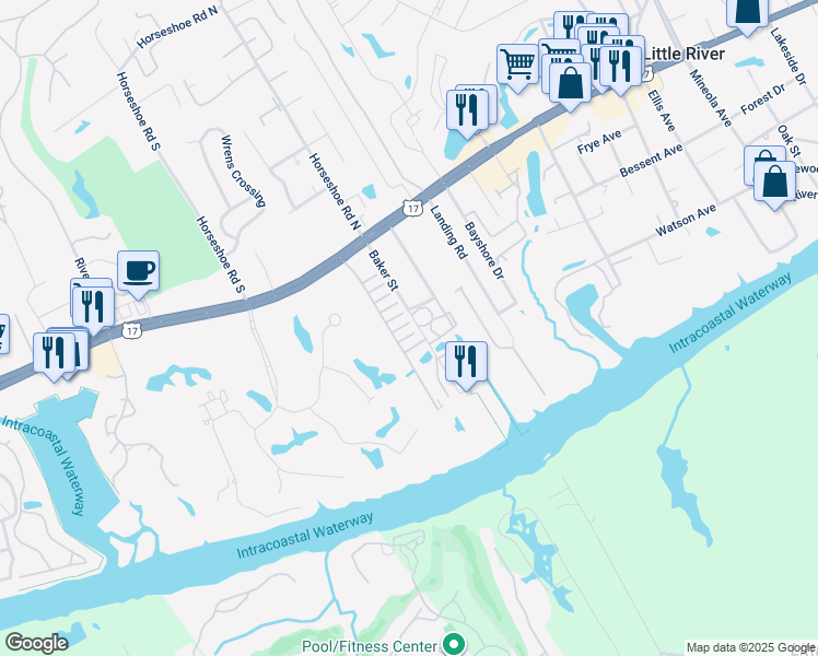 map of restaurants, bars, coffee shops, grocery stores, and more near 4342 River Gate Lane in Little River