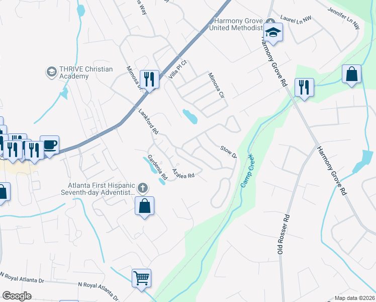 map of restaurants, bars, coffee shops, grocery stores, and more near 105 Lankford Road in Tucker