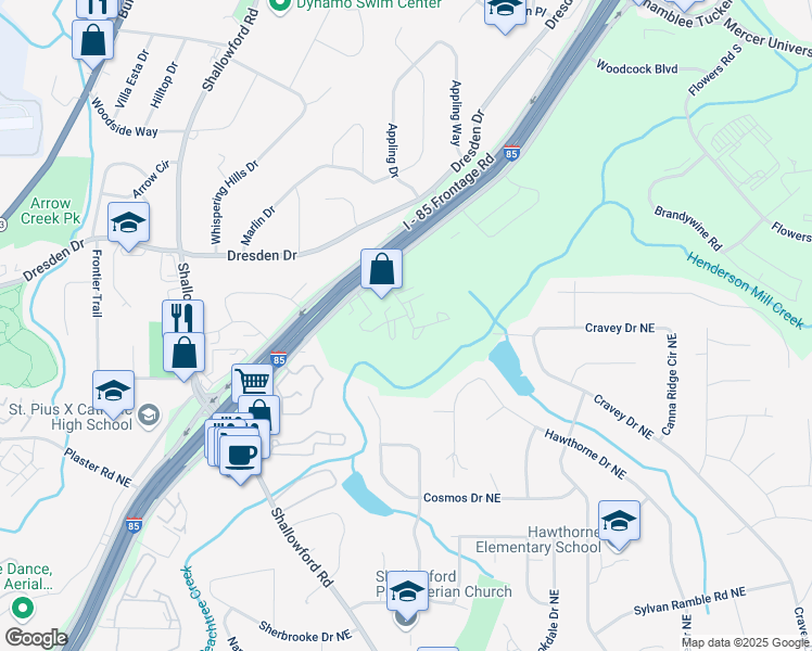 map of restaurants, bars, coffee shops, grocery stores, and more near 3091 Colonial Way in Atlanta