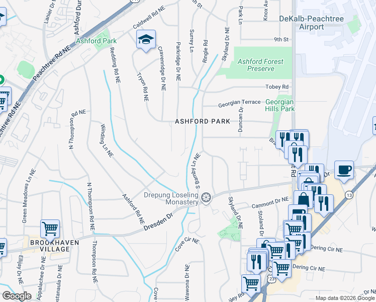 map of restaurants, bars, coffee shops, grocery stores, and more near 2732 South Bamby Lane Northeast in Atlanta