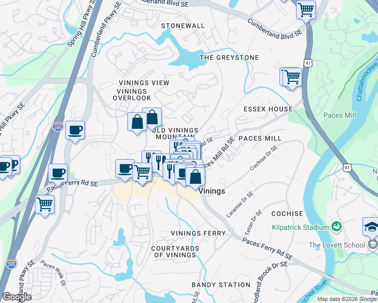 map of restaurants, bars, coffee shops, grocery stores, and more near 5 Mountain Street in Atlanta