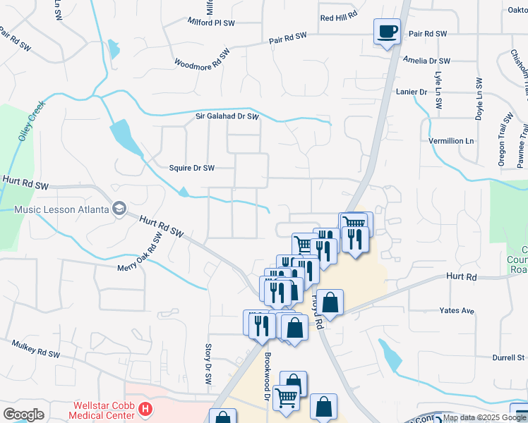 map of restaurants, bars, coffee shops, grocery stores, and more near 3517 Greenway Drive Southwest in Marietta