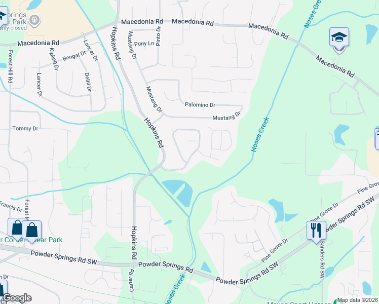 map of restaurants, bars, coffee shops, grocery stores, and more near 3515 Hopkins Court in Powder Springs