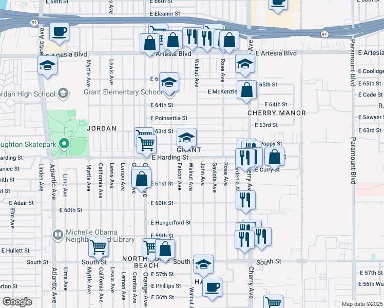 map of restaurants, bars, coffee shops, grocery stores, and more near 1551 East Harding Street in Long Beach