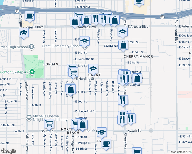 map of restaurants, bars, coffee shops, grocery stores, and more near 1551 East Harding Street in Long Beach