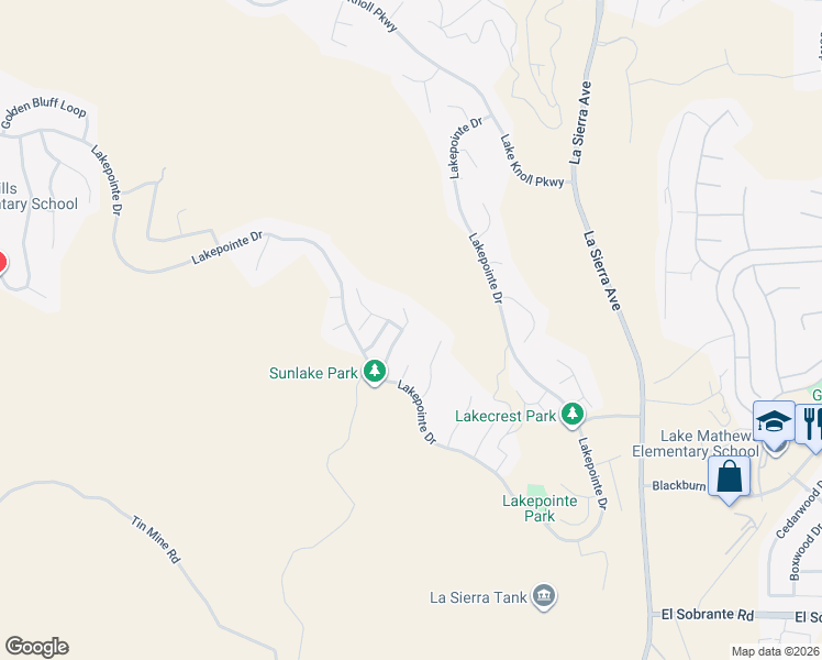 map of restaurants, bars, coffee shops, grocery stores, and more near 17384 Sun Lake Terrace in Riverside