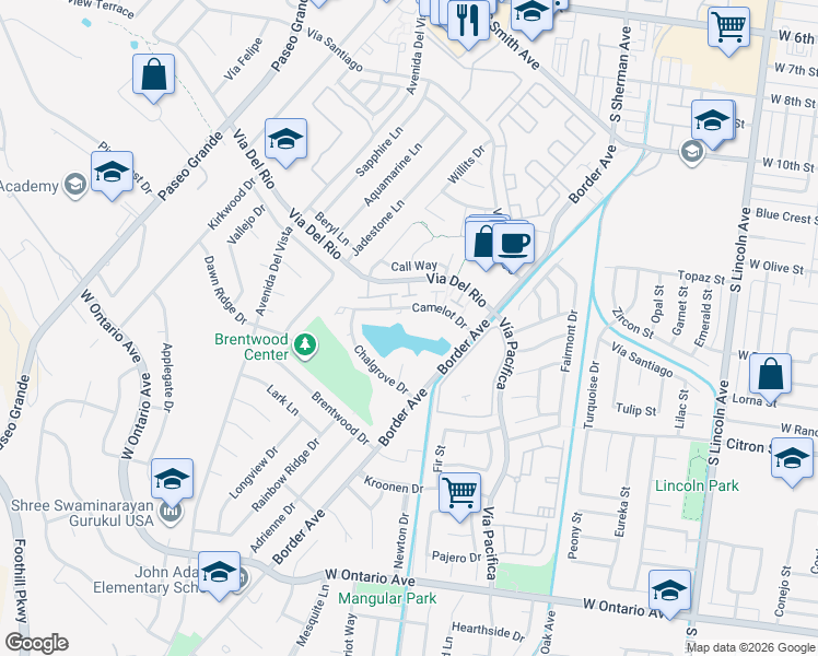 map of restaurants, bars, coffee shops, grocery stores, and more near 1438 Camelot Drive in Corona