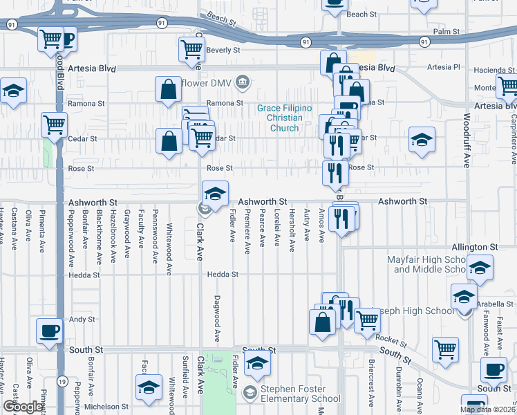map of restaurants, bars, coffee shops, grocery stores, and more near 6137 Lorelei Avenue in Lakewood