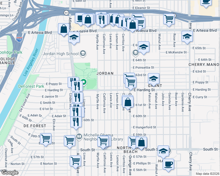 map of restaurants, bars, coffee shops, grocery stores, and more near 1026 East Harding Street in Long Beach