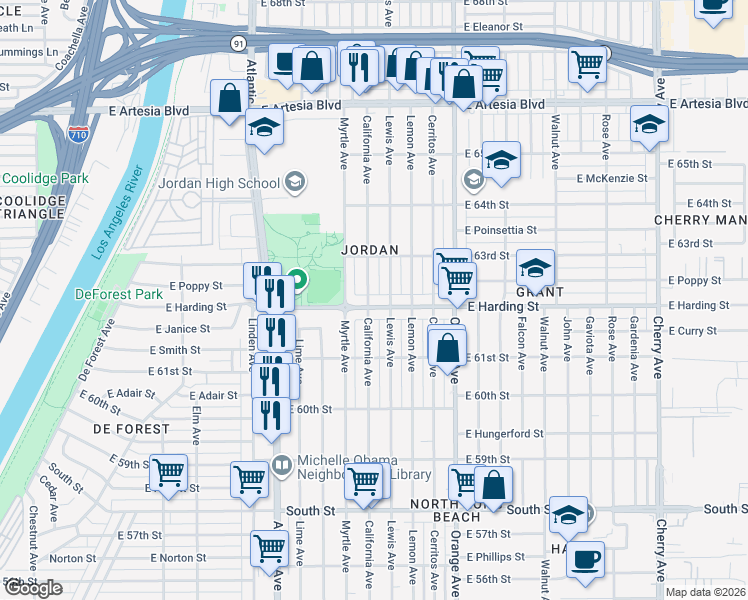 map of restaurants, bars, coffee shops, grocery stores, and more near 1026 East Harding Street in Long Beach