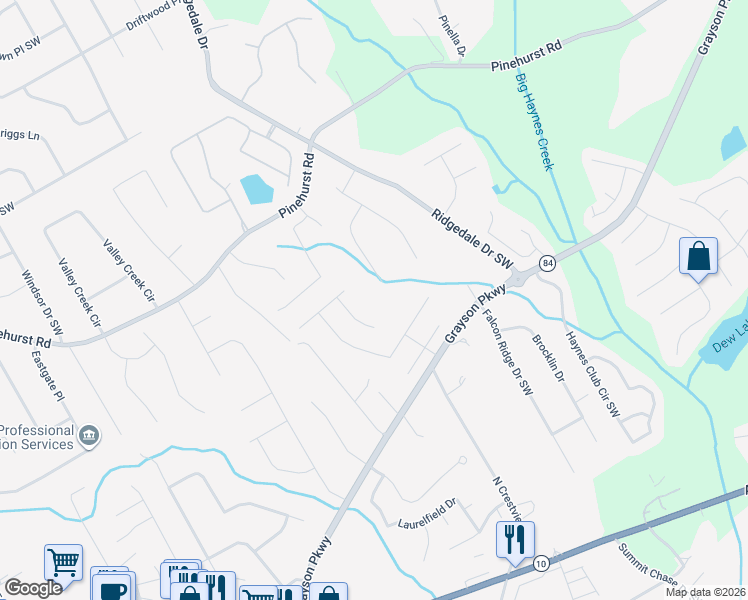 map of restaurants, bars, coffee shops, grocery stores, and more near 2444 Windrush Court in Grayson