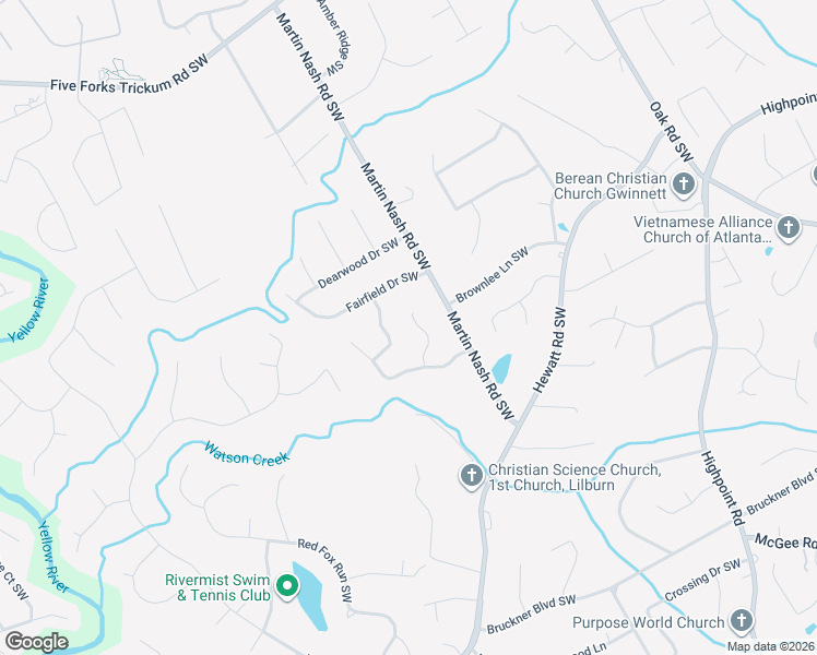 map of restaurants, bars, coffee shops, grocery stores, and more near 1457 Manchester Court Southwest in Lilburn
