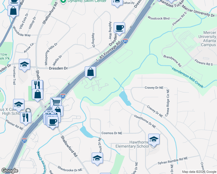 map of restaurants, bars, coffee shops, grocery stores, and more near 2793 Hawthorne Drive Northeast in Atlanta
