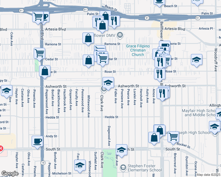map of restaurants, bars, coffee shops, grocery stores, and more near 5134 Ashworth Street in Lakewood