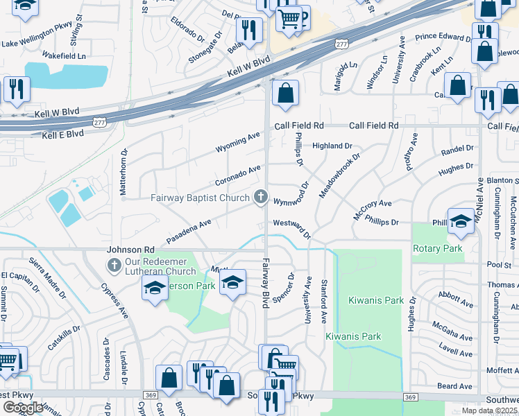 map of restaurants, bars, coffee shops, grocery stores, and more near 4408 Fairway Boulevard in Wichita Falls