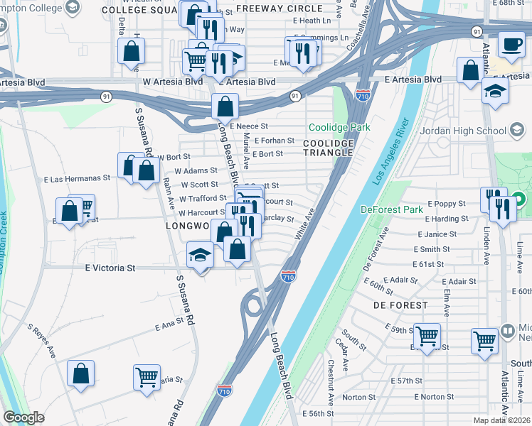 map of restaurants, bars, coffee shops, grocery stores, and more near 155 East Barclay Street in Long Beach