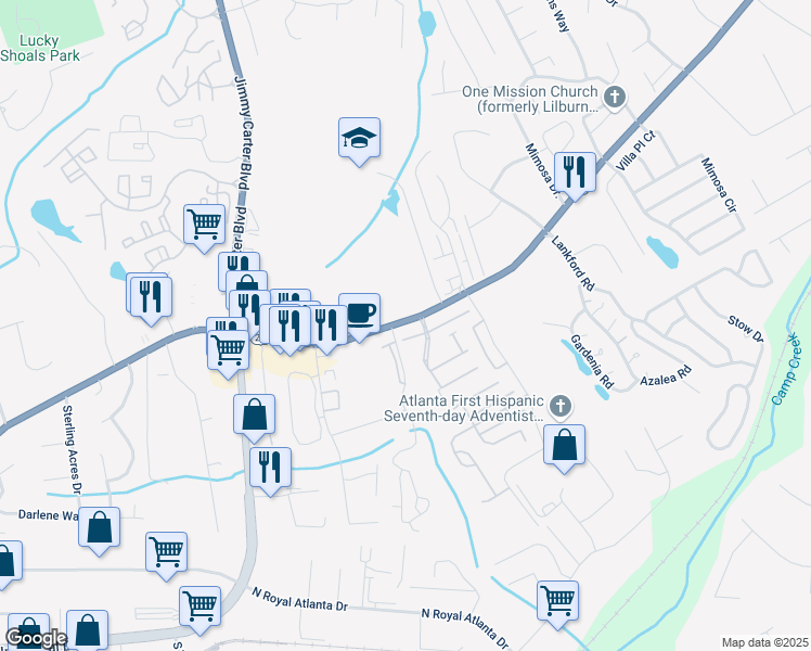map of restaurants, bars, coffee shops, grocery stores, and more near 6250 Lawrenceville Highway in Tucker