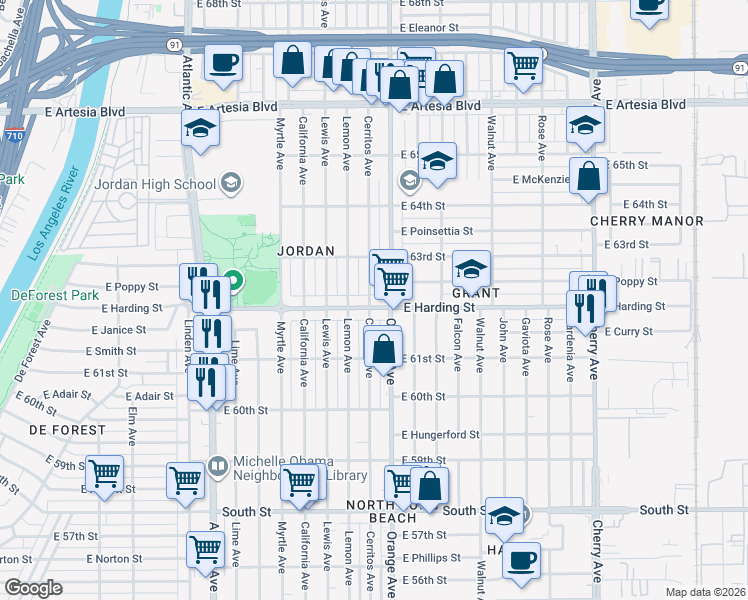 map of restaurants, bars, coffee shops, grocery stores, and more near 6191 Orange Avenue in Long Beach