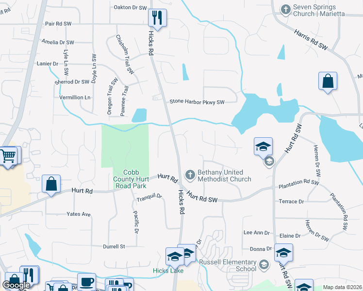 map of restaurants, bars, coffee shops, grocery stores, and more near 3592 Hicks Road in Austell