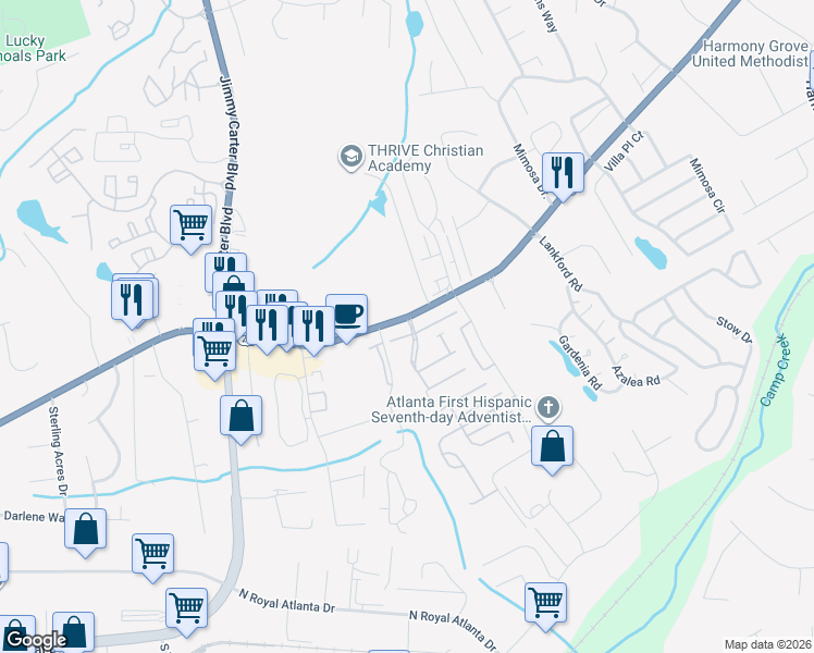 map of restaurants, bars, coffee shops, grocery stores, and more near 6177 Bellewood Ash Northwest Lane in Tucker
