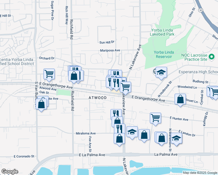 map of restaurants, bars, coffee shops, grocery stores, and more near 318 Wilma Circle in Placentia