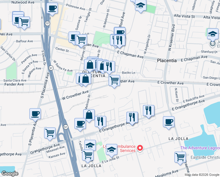 map of restaurants, bars, coffee shops, grocery stores, and more near 150 East Crowther Avenue in Placentia