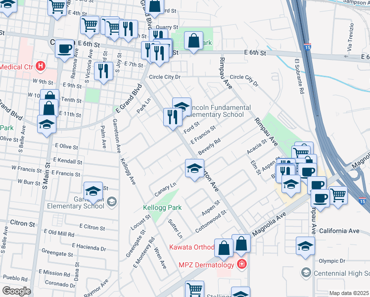 map of restaurants, bars, coffee shops, grocery stores, and more near 1206 Fullerton Avenue in Corona