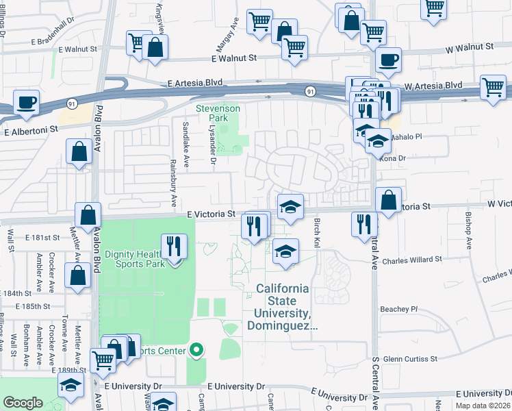 map of restaurants, bars, coffee shops, grocery stores, and more near 1000 East Victoria Street in Carson
