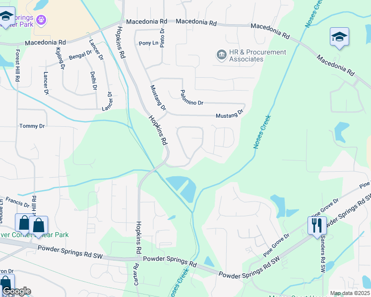 map of restaurants, bars, coffee shops, grocery stores, and more near 3589 North Hopkins Court in Powder Springs