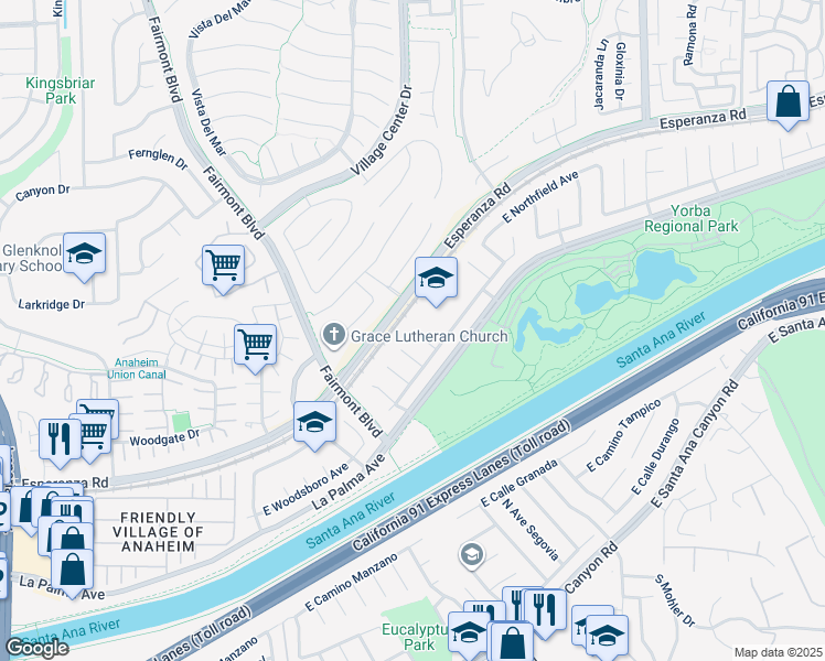 map of restaurants, bars, coffee shops, grocery stores, and more near 1290 North Tippetts Lane in Anaheim
