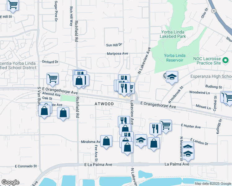 map of restaurants, bars, coffee shops, grocery stores, and more near 318 Wilma Circle in Placentia