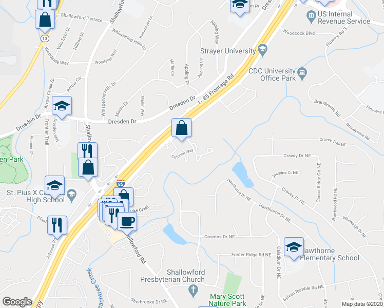 map of restaurants, bars, coffee shops, grocery stores, and more near 3091 Colonial Way in Chamblee