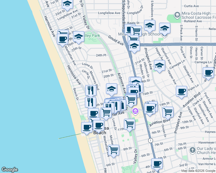 map of restaurants, bars, coffee shops, grocery stores, and more near 1807 Valley Park Avenue in Hermosa Beach