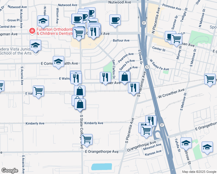 map of restaurants, bars, coffee shops, grocery stores, and more near 2478 Fender Avenue in Fullerton