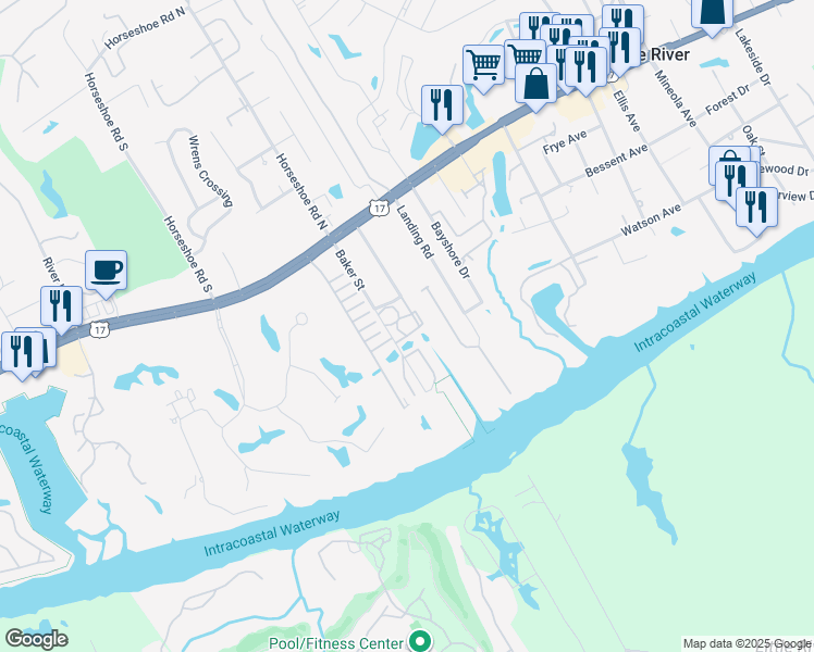 map of restaurants, bars, coffee shops, grocery stores, and more near 4483 Baker Street in Little River