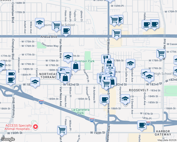 map of restaurants, bars, coffee shops, grocery stores, and more near 1939 180th Place in Torrance