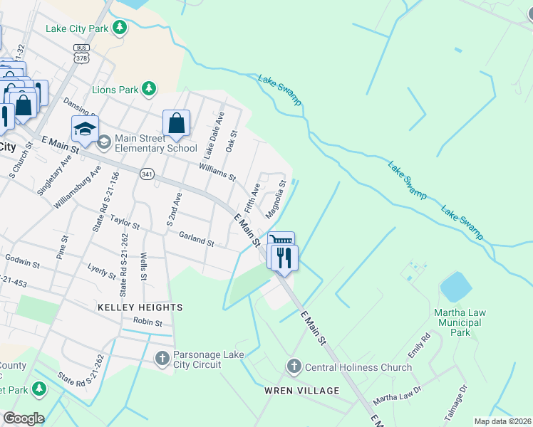 map of restaurants, bars, coffee shops, grocery stores, and more near 201 Magnolia Street in Lake City
