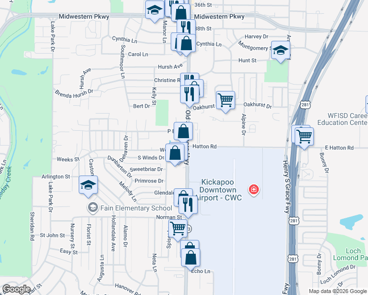 map of restaurants, bars, coffee shops, grocery stores, and more near 4314 Old Jacksboro Highway in Wichita Falls