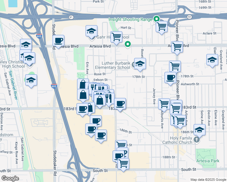 map of restaurants, bars, coffee shops, grocery stores, and more near 18000 Harvest Avenue in Cerritos