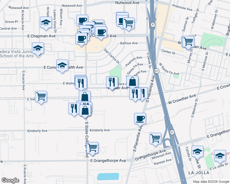 map of restaurants, bars, coffee shops, grocery stores, and more near 2478 Fender Avenue in Fullerton